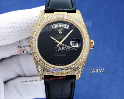 Swiss Replica Rolex Day Date 40mm Onyx Dial Iced Out Yellow Gold Black Alligator Strap Watch